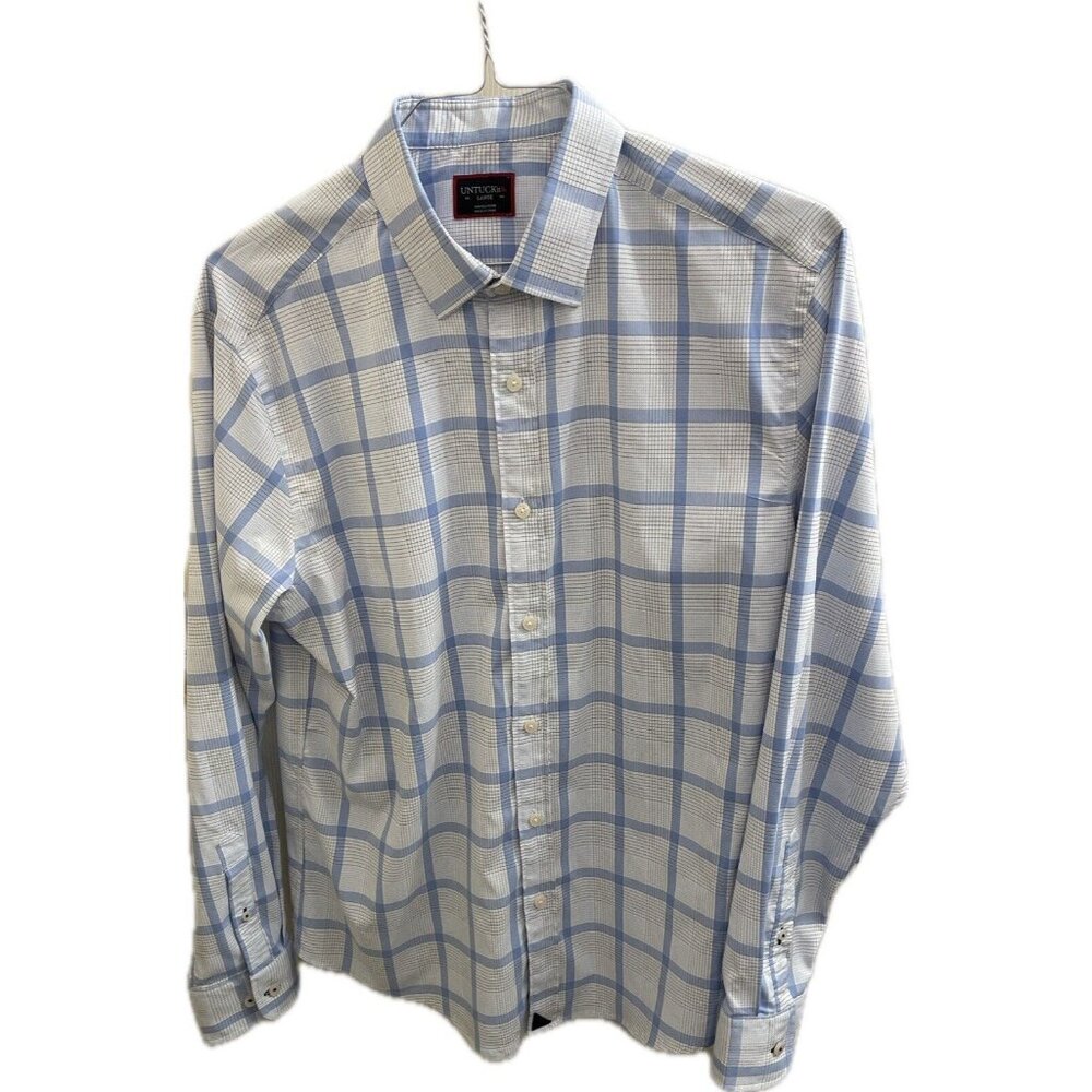 Untuckit Men’s Long Sleeve Button Down Shirt Blue M Slim Fit Window Reg Plaid